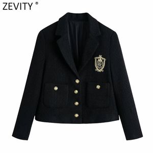 Zevity Femmes Angleterre Style Badge Patch Bouton de laine Blazer Manteau Vintage Poches à manches longues Femme Vêtements de dessus Chic Tops CT663 211122