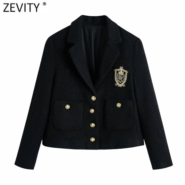 Zevity Femmes Angleterre Style Badge Patch Bouton De Laine Blazer Manteau Vintage À Manches Longues Poches Femelle Survêtement Chic Tops CT663 211019