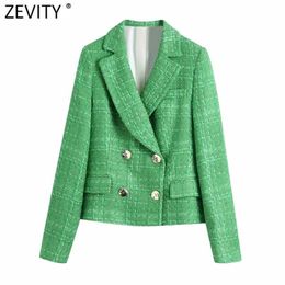 Zevity Femmes Angleterre Style Double Boutonnage Vert Tweed Laine Blazer Manteau Vintage Femme À Manches Longues Chic Costumes Tops CT695 210930