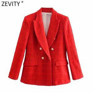 Zevity Femmes Angleterre Style Double Boutonnage Texture Tweed Laine Blazer Manteau Bureau Dames À Manches Longues Rouge Costumes Chic Tops CT696 210603