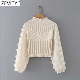 Zevity femmes mode Appliques en mousseline de soie lanterne manches Patchwork court tricot pull dames Chic pulls hauts S631 211103