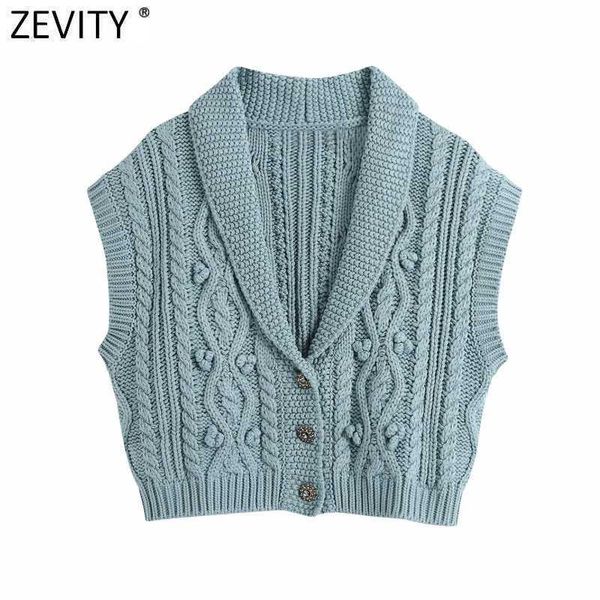 Zevity mujeres moda bola apliques ganchillo giro tejer suéter femenino sin mangas Casual chaleco Chic Cardigans Tops S677 210603