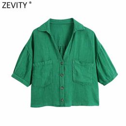 Zevity Femmes Mode Bonbons Couleur Double Poches Lâche Lin Smock Blouse Lady Boutons Chemise Courte Chic Kimono Blusas Tops LS9390 210603