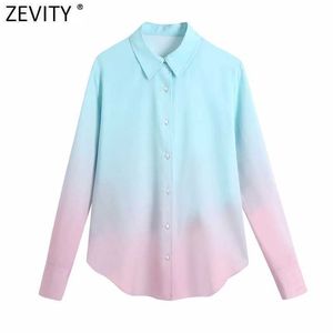 Zevity Mujeres Moda Color Tie Dyed Gradual Smock Blusa Office Ladies Manga larga Camisas de negocios Chic Blusas Tops LS7662 210603