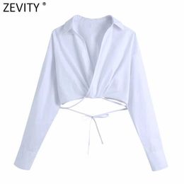 Zeefity Dames Mode Cross V-hals Hem Boog Gebonden Wit Korte Smok Blouse Vrouwelijke Lange Mouw Kimono Shirts Chique Blusas Tops LS9008 210603
