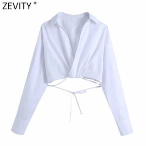 Zevity Femmes Mode Croix Col V Ourlet Noeud Blanc Court Smock Blouse Femme Manches Longues Kimono Chemises Chic Blusas Tops LS9008 210603