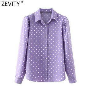 Zeefity Dames Mode Dots Print Casual Smock Blouse Office Dame Shoulder Pads Puff SHIRT SHIRT CHIC BLUSAS TOPS LS7608 210603