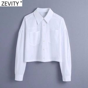 Zevity Femmes Mode Double Poches Patch Court Blouse Blouse Femme Manches Bouffantes Chemise Blanche Roupas Chic Chemise Tops LS7696 210603