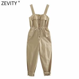 Zeefity Dames Mode Dubbele Zakken Patch Elastische Taille Sling Jumpsuits Chic Lady Cargo Broek Casual Business Rompertjes DS8308 210603