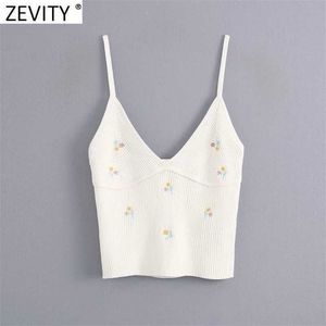 ZEVITY Women Fashion Floral Embroidery Camis tanktops Zomerkleding vrouwelijk V nek gebreide casual slanke sling vest crop tops LS6984 210603