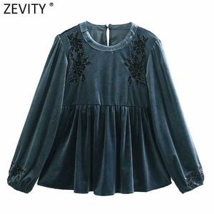 Zevity Femmes Mode Floral Broderie Velours Smock Blouse Femme Plis Manches Bouffantes Kimono Chemises Chic Blusas Tops LS7665 210603