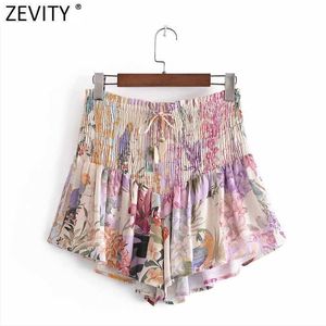 Zeefity Dames Mode Floral Print Zomer Ruffles Rokken Shorts Femme Chic Elastic Taille Lace Up Pantalone Cortos P1028 210603