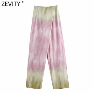 Zevity Femmes Mode Gragual Couleur Tie Dyed Impression Satin Large Jambe Pantalon Rétro Femelle Fermeture Éclair Latérale Chic Long Pantalon P1030 210925