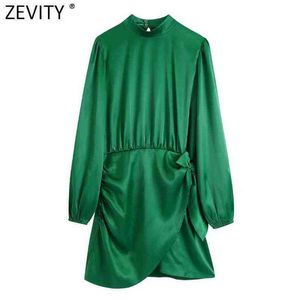 ZEVITY Femmes Mode Demi-Col Haut Noeud Latéral Vert Doux Satin Mini Robe Femme Chic Ourlet Irrégulier Robes De Fête DS9085 Y1204