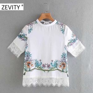 Zevity femmes mode dentelle patchwork fleur imprimé décontracté blouse blouse dames à manches courtes dos noeud papillon chic chemise hauts LS7136 210603