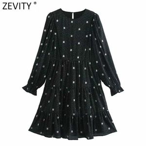 Zeefity Dames Mode O Hals Floral Print Dots Mini Jurk Chique Vrouwelijke Bladerdeeg Mouw Kant Patchwork Plooid Ruches Vestido DS4997 210603