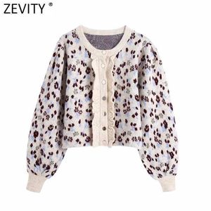 Zeefity Dames Mode O Hals Lantaarn Mouw Leopard Print Casual Korte Breien Trui Femme Chic Ruffles Cardigan Tops S523 210603