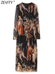Zevity mujeres moda pintura al óleo impresión malla delgado vestido a media pierna femenino chic o cuello manga larga casual vestidos de fiesta DS3459 240323