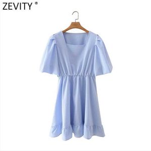 Zevity Mujeres Moda Plaid Impresión Casual Hem Ruffles Mini Camisa Vestido Femenino Chic Pleat Puff Manga Kimono Vestidos DS8356 210603