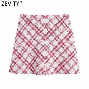 Zevity Femmes Mode Plaid Imprimer Casual Slim Tweed Une Ligne Jupe Faldas Mujer Femme Rétro Robe Retour Zipper Jupes QUN775 210603