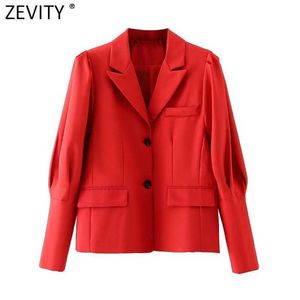 Zevity Femmes Mode Plissé Puff Manches Solide Couleur Boutonnée Fit Blazer Manteau Bureau Lady Costumes Vêtements d'extérieur Chic Tops CT689 210603