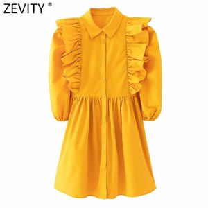 Zevity Femmes Mode Pli Volants Casual Mince Mini Chemise Robe Bureau Dame Manches Bouffantes Chic Jaune Couleur Une Ligne Vestidos DS8101 210603