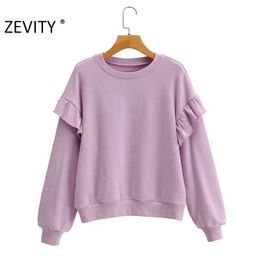 Zeefity Dames Mode Ruches Lange Mouw Casual Losse Sweatshirts Femme Basic O Neck Leisure Hoodies Chic Pullover Tops S403 210603