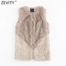 Zevity Femmes Mode Sans Manches Couleur Correspondant Fausse Fourrure Patchwork Gilet Veste Dames Casual Gilet Chic Outwear Tops CT743 211101