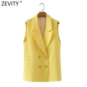 Zevity Femmes Mode Sans Manches Jaune Gilet Veste Bureau Dames D'affaires Costumes Décontractés Gilet Poches Outwear Tops CT683 210419