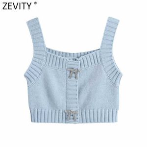 Zeefity Dames Mode Effen Kleur Diamant Boog Breien Sling Trui Vrouwelijke Basic Spaghetti Strap Korte Vest Chic Crop Tops S655 210603