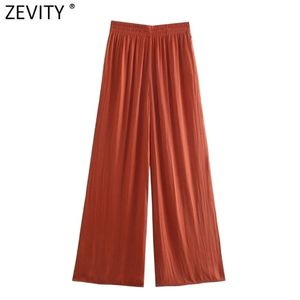 Zevity mujeres moda Color sólido plisado pantalones de pierna ancha mujer elegante cintura elástica bolsillos laterales Casual verano pantalones largos P1142 211124