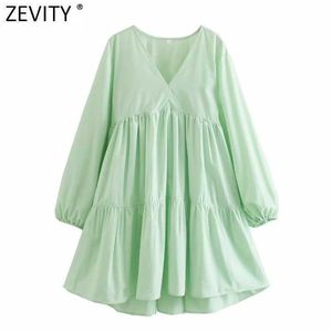 Zevity femmes mode couleur unie col en V plis popeline chemise robe femme Chic ourlet irrégulière plage Style été Vestidos DS8142 210603