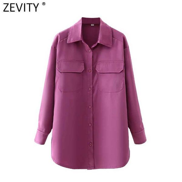 Zevity mujeres moda sólido doble bolsillos parche blusa Oficina señoras manga larga satén camisa Chic Blusas Tops LS7637 210603