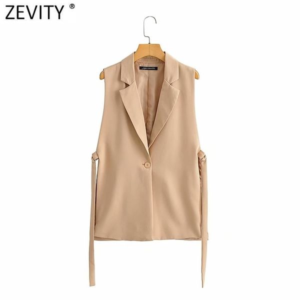 Zevity femmes mode solide côté fendu un bouton gilet Vintage femme sans manches survêtement costume Chic Outwear gilet CT734 210915