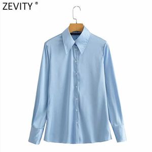 Zevity Femmes Mode Solide Doux Satin Smock Blouse Femme À Manches Longues Simple Boutonnage Chic Chemises Casual Blusas Tops LS9277 210603