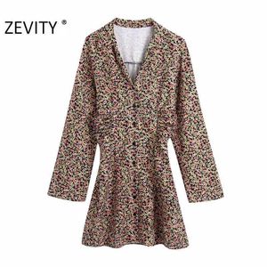 Zevity mujeres moda cuello vuelto estampado Floral cintura plisado camisa Vestido damas elegante pecho Kimono Vestido de negocios DS4572 210603