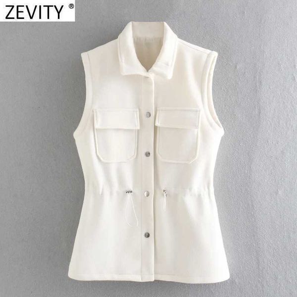 Zevity Women Fashion Retour baissez le collier sans manches slim veste veste dames poitrine cordon de gilet décontracté haut de gilet en laine CT677 210603