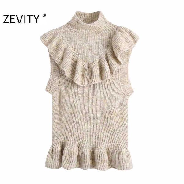 Zevity Femmes Mode Col Roulé Col En Cascade Volants Pull À Tricoter Dame Sans Manches Casual Chic Gilet Pull Tops S449 210603