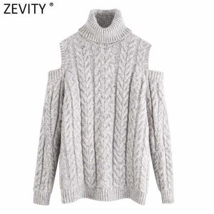 Zeefity Dames Mode Turtleneck Kraag Off Shoulder Design Casual Breien Trui Dame Lange Mouw Chic Pullovers Tops S488 210603