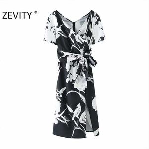Zeefity Dames Mode V-hals Zwart Wit Contrast Kleur Print Boog Jurk Vrouwelijke Kimono Vestido Chic Casual Slanke Jurken DS4464 210603