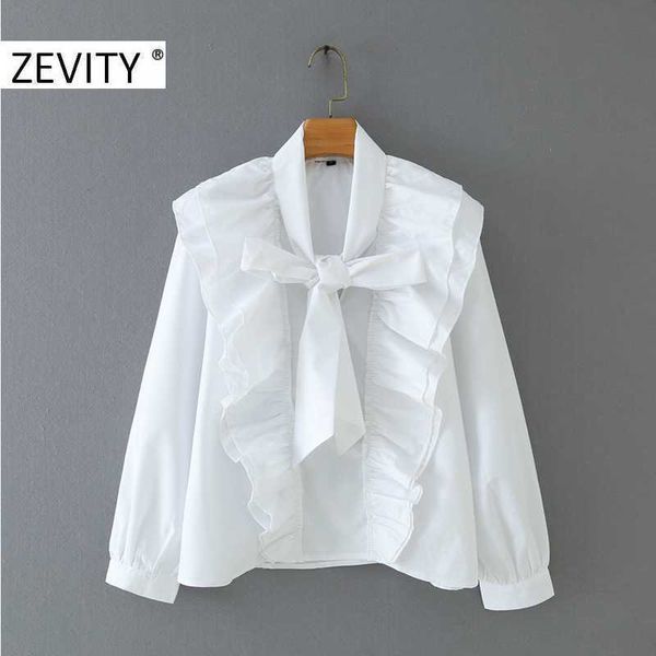 ZEVITY mujer moda cuello pico pajarita casual blusa camisa mujer plisado volantes chic blanco blusas streetwear tops LS7241 210603