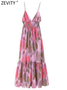 ZEVITY Women Fashion V Nek Color Match Tie geverfde print Sling Midi jurk vrouwelijk chique zomer backless elastische slanke vestidos ds16 240420
