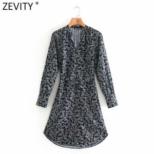 Zeefity Dames Mode V-hals Digitale Print Sashes Kneet Jurk Dames Lange Mouw Chic Vestido Casual Retro Jurken DS4795 210603