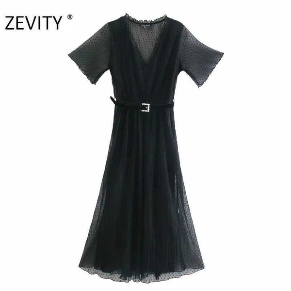 Zevity Femmes Femmes Vol V cou DOT Modèle Sashes Mesh Robe Office Dame à manches courtes Volants Vestido Chic Robes d'affaires DS4412 210603