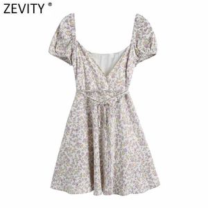 Zevity femmes mode col en V imprimé fleuri doux Satin Mini robe Chic femme manches bouffantes mince Vestidos à lacets robe de soirée DS8289 210603
