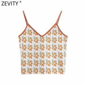 Zevenity Dames Mode V-hals Bloem Print Afslanken Gebreide Sling Sweater Femme Spaghetti Strap Korte Vest Chic Crop Tops S515 210603