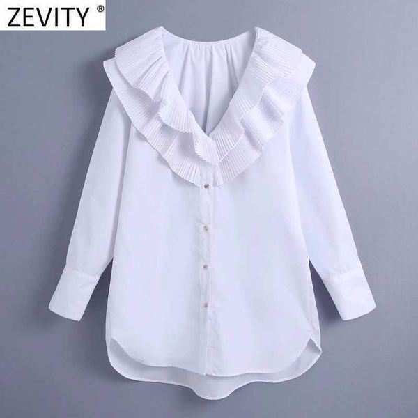 Zevity mujeres moda cuello en V prensa plisado volantes Casual suelto blanco blusa Oficina señora camisa Chic Blusas Tops LS7641 210603