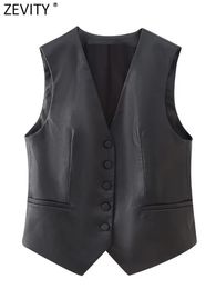 Zevity femmes mode col en V simple boutonnage Faux cuir mince gilet veste bureau dame gilet fausse poche hauts CT5312 240105
