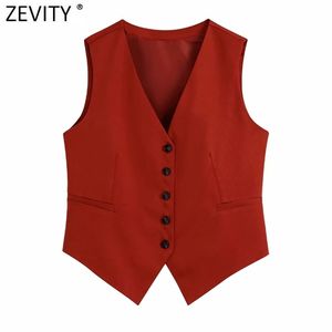 Zevity femmes mode col en V sans manches solide mince gilet veste bureau dames simple boutonnage gilet Chic hauts CT763 211120