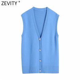 Zevity femmes mode col en V solide diamant boutons doux tricot pull femme sans manches décontracté gilet Chic Cardigans hauts S648 210812